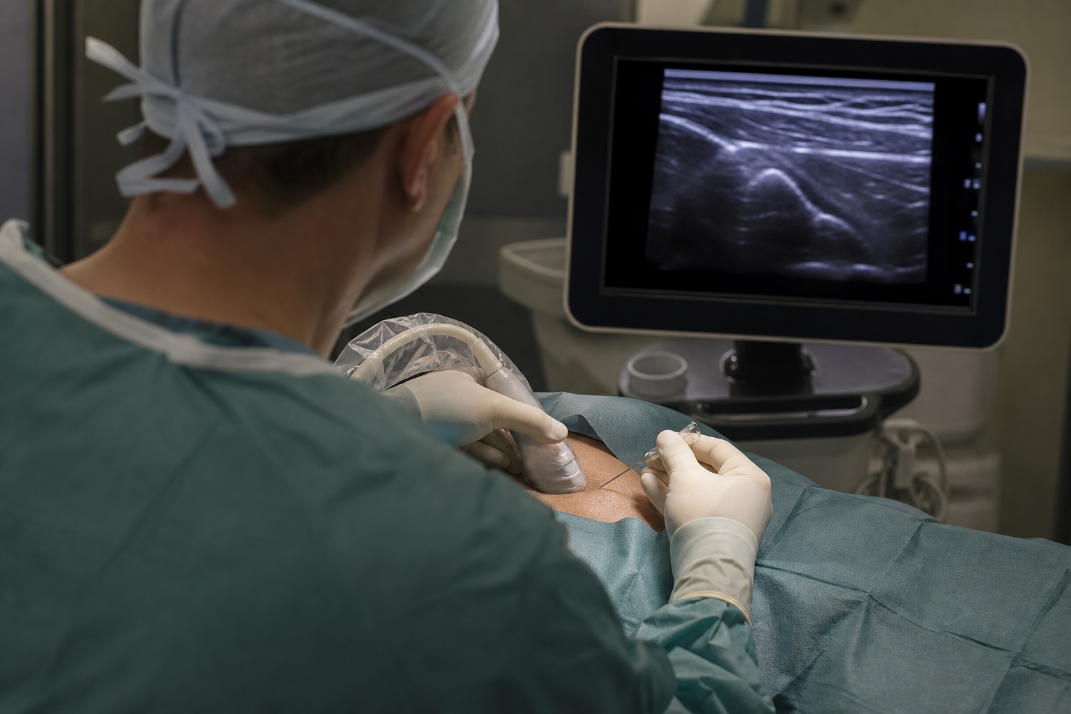 Médico em ambiente cirúrgico realizando procedimento guiado por ultrassom